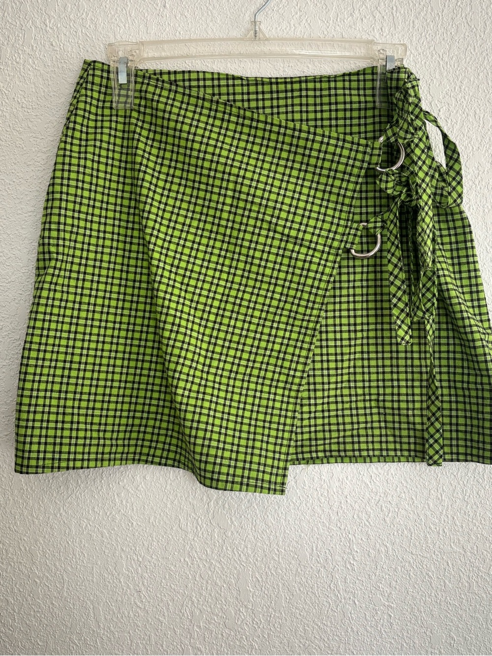 The Ragged Priest Neon Green & Black Plaid Wrap Skirt with D-Ring Tie